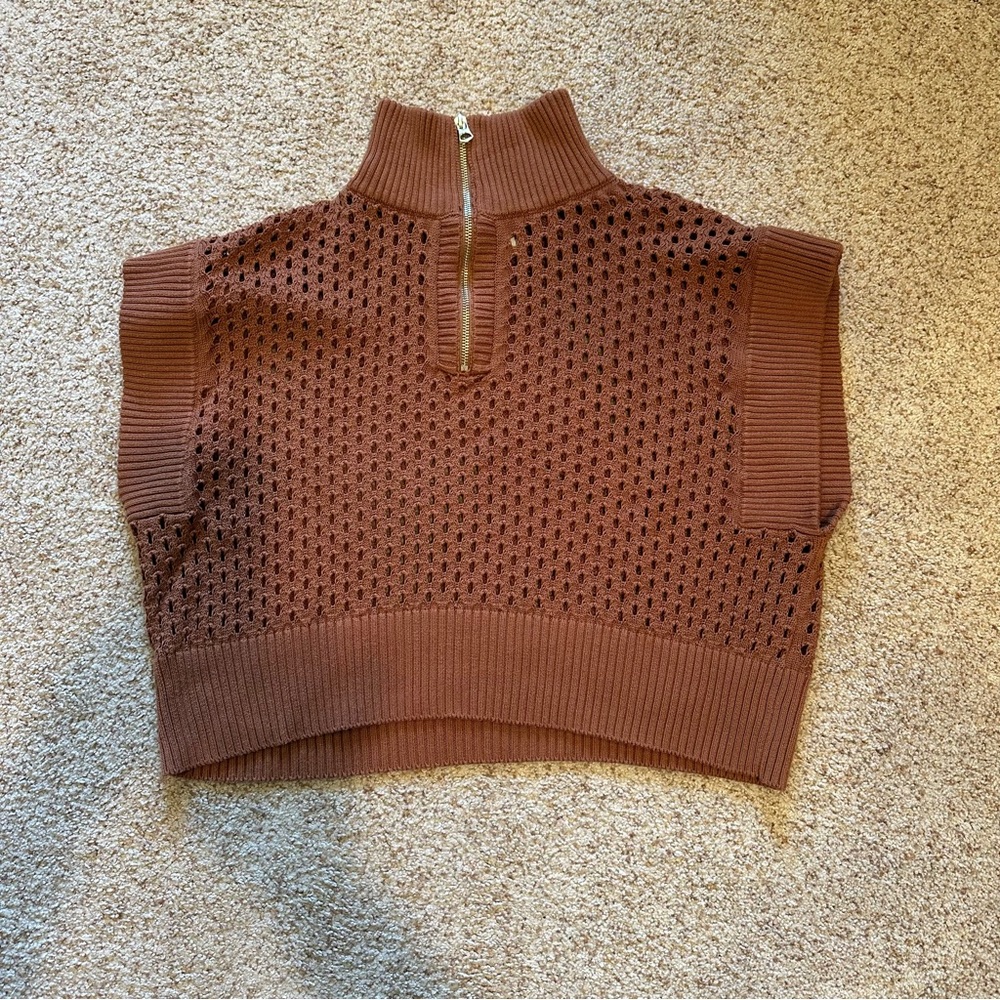 Varley Open Knit 1/4 Zip Sleeveless Sweater, Rust Color, Size Large